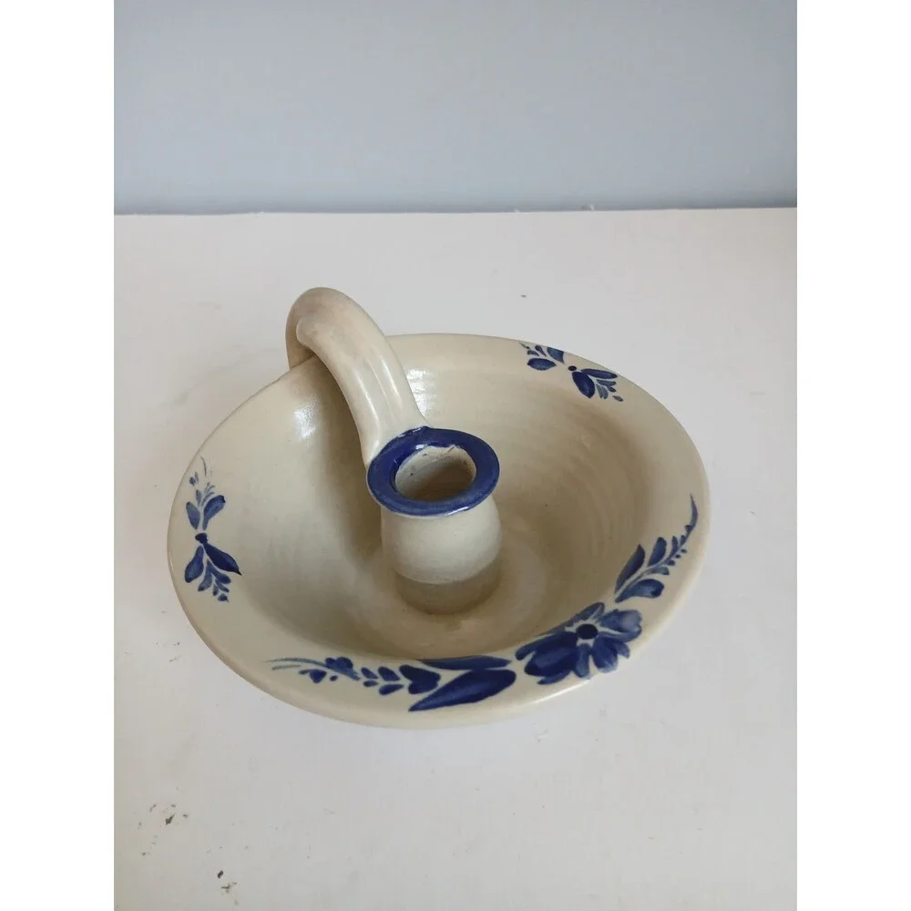 Vtg Williamsburg Pottery Salt Glazed Blue Stencil  Crock Candlestick Holder
